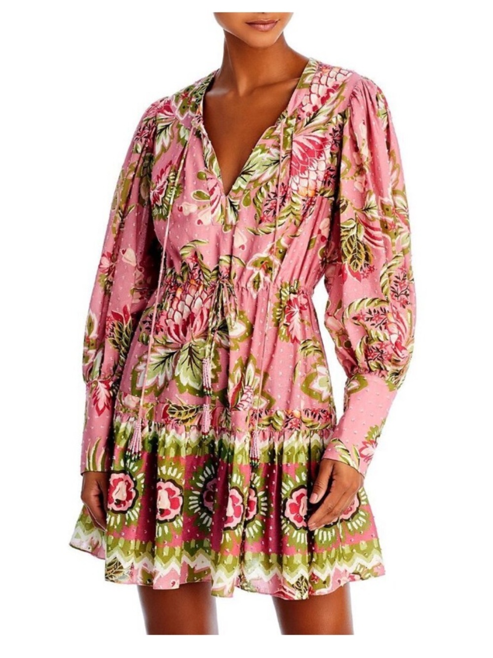 FARM Rio Pink Floral Tiered Mini Dress with Green Accents